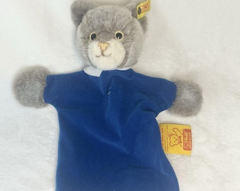 Vintage German Steiff Hand Puppet 1970s Gray Cat still tagged