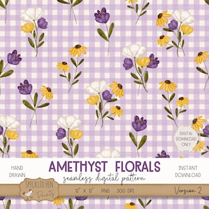 Floral Seamless Pattern File, 300 DPI PNG, Purple and Yellow Floral Sublimation, Digital Art Download, Purple Gingham Digital Paper