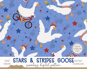 4th of July Silly Goose Seamless Pattern File, Sublimation File, 300 DPI PNG, Stars and Flags Seamless Art, Independence Day Goose