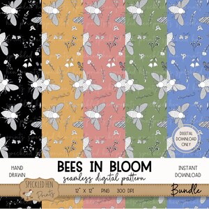 Floral Bee Seamless Pattern Bundle, 300 DPI PNG, Digital Art Download, Repeating Pattern, Hand Drawn Decorative Bees, Tumbler Sublimation