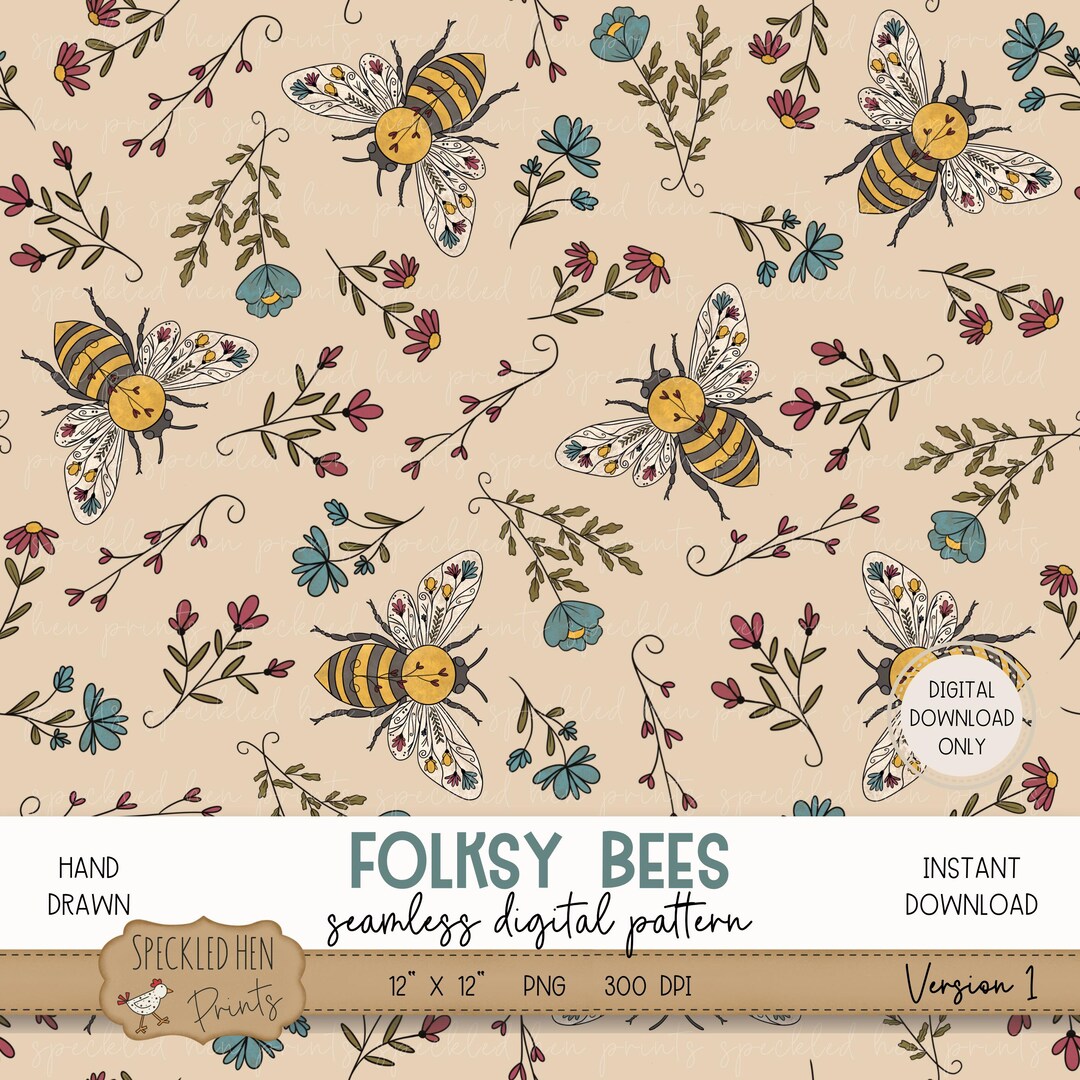Folk Art Bees Seamless Pattern File, Sublimation Digital Download, 300 ...