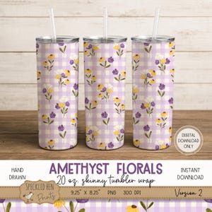 Lavender Gingham Floral Tumbler Wrap, 20 oz Skinny Tumbler Seamless PNG, Spring Floral Digital Download, Pastel Purple Wrap for Sublimation