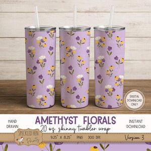 Lavender Floral Tumbler Wrap, 20 oz Skinny Tumbler Seamless PNG, Spring Watercolor Flowers Digital Download, Purple Wrap for Sublimation