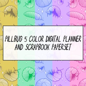 May include: A digital scrapbook paper set with a repeating pattern of pillbugs in various colors. The background is divided into vertical stripes of yellow, green, blue, purple, and pink. The text "PILLBUG 5 COLOR DIGITAL PLANNER AND SCRAPBOOK PAPERSET" is displayed in a white rectangle.