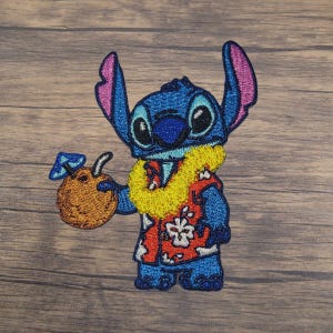 May include: Blue Stitch character wearing a red and white Hawaiian shirt with a yellow lei and holding a coconut with a blue umbrella.