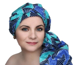 Blue Black Turquoise Turban Dreads Wrap,Head Wrap, Alopecia Scarf, Chemo Hat, Boho Gypsy Tribal, One Piece Fitted Wrap