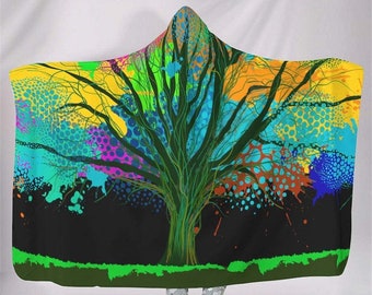 Hooded Blanket, Sherpa Lined, Celestial, Tree of Life, Hooded Blanket for Adults and Kids, Hooded Cloak, Style 5