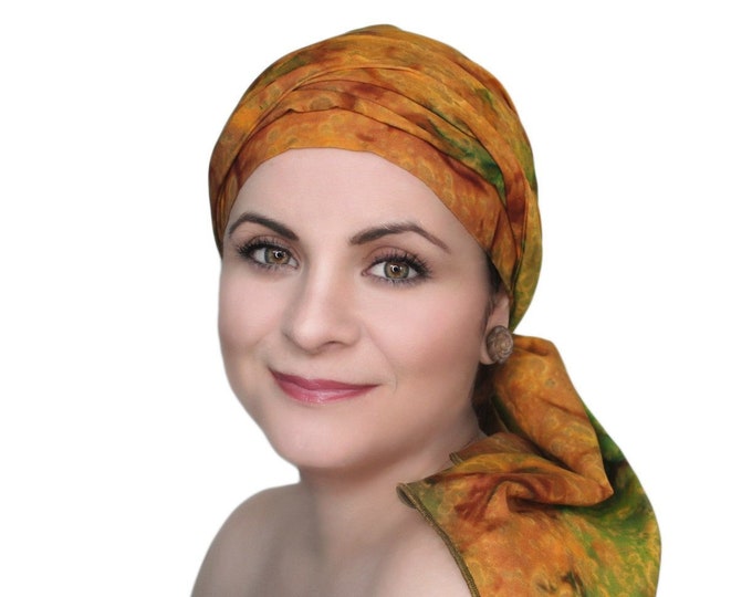 Gold Olive Green Rust Chemo Turban Hat Set, Batik Head Wrap Alopecia Scarf, Chemo Hat, Cancer Hat & Scarf Set