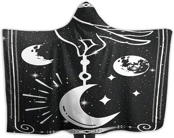 Hooded Blanket, Sherpa Lined, Vintage Tarot Card, Celestial, Moon and Stars, Hooded Blanket for Adults and Kids, Style 11
