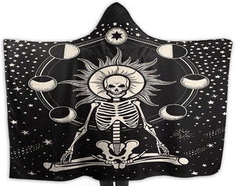 Hooded Blanket, Sherpa Lined, Vintage Tarot Card, Celestial, Moon Phases, Skeleton, Style 1