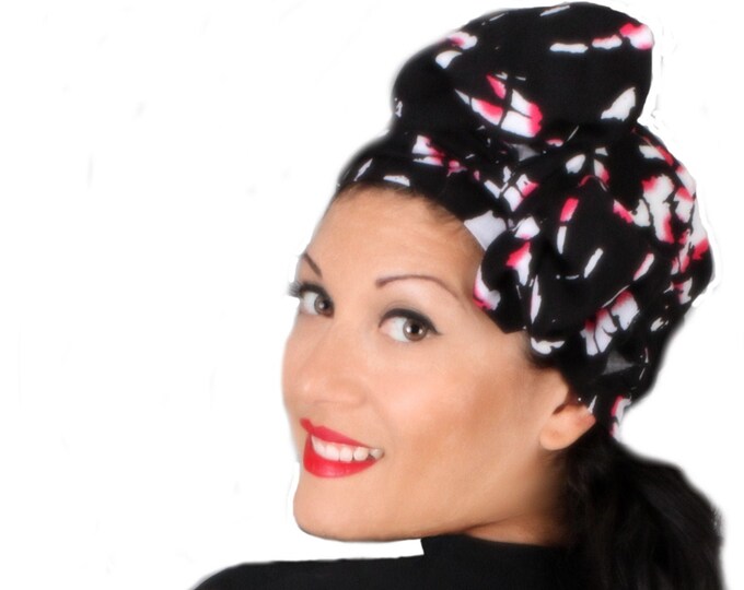 Black Pink Turban Hat Set, Head Wrap Alopecia Scarf, Chemo Hat, Fuchsia, Hat & Scarf Set, Rayon Challis