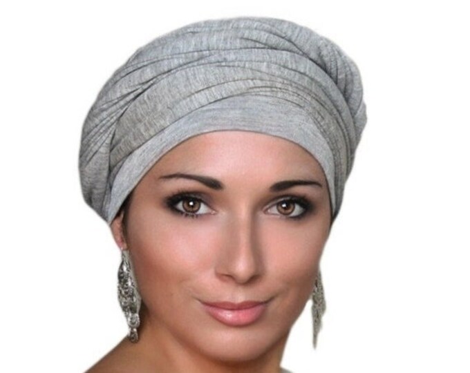 FINAL SALE Light Gray Turban, Head Wrap, Chemo Hat, One Piece Fitted, Jersey Knit Head Wrap