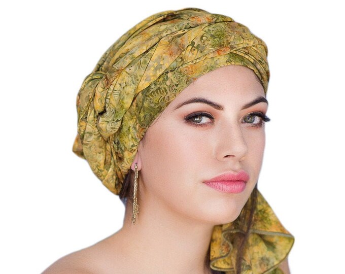 Turban Dreads Wrap, Olive Floral Head Wrap, Chemo Hat, Boho, One Piece Fitted Wrap, Batik Turban