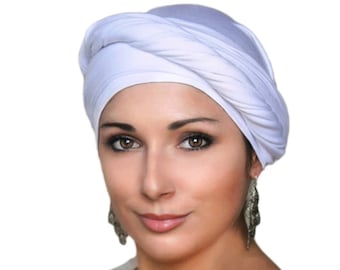 White Turban, Head Wrap, Chemo Hat, One Piece Fitted, Jersey Knit Head Wrap
