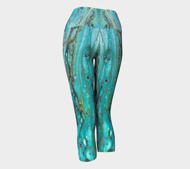 black Yoga pants Yoga Capri Leggings Morning Tide Pattern 852 white turquoise gray teal Wearable art