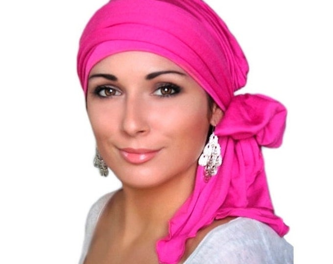 SALE SAVE 30 PERCENT Turban Diva Hot Pink Fuchsia Magenta Head Wrap, Chemo Hat Turban Alopecia Scarf, Jersey Knit Hat & Scarf Set, Gift for