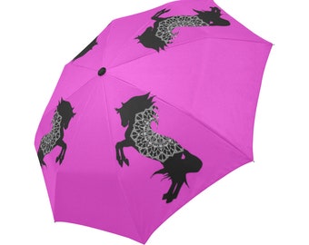 Automatic Open/Close Umbrella, Rearing Horse Mandala, Black and Fuchsia, Pink