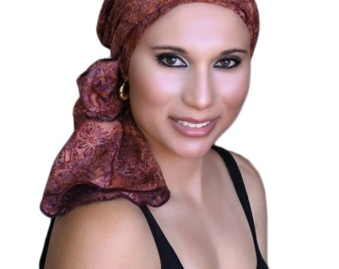 SALE SAVE 30 PERCENT Rust Floral Batik Turban Hat Chemo Hat Head Wrap Alopecia Scarf Boho, Rust Cinnamon, Hat & Scarf Set
