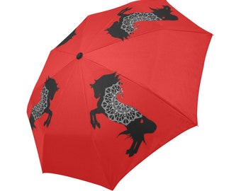 Automatic Open/Close Umbrella, Rearing Horse Mandala, Black and Red