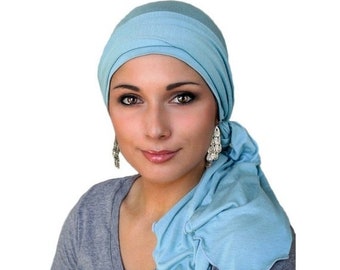 FINAL SALE Turban Diva Chemo Hat, Pre-tied Turban, Head Wrap, Alopecia, Jersey Knit Hat & Scarf Set, Dusk Blue, Light Blue