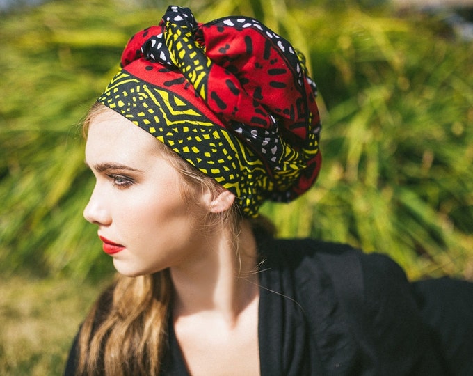 African Wax Print Turban Dreads Wrap, Red Yellow Black Head Wrap, Alopecia Scarf, Chemo Hat, Boho Gypsy Tribal, One Piece Fitted Wrap