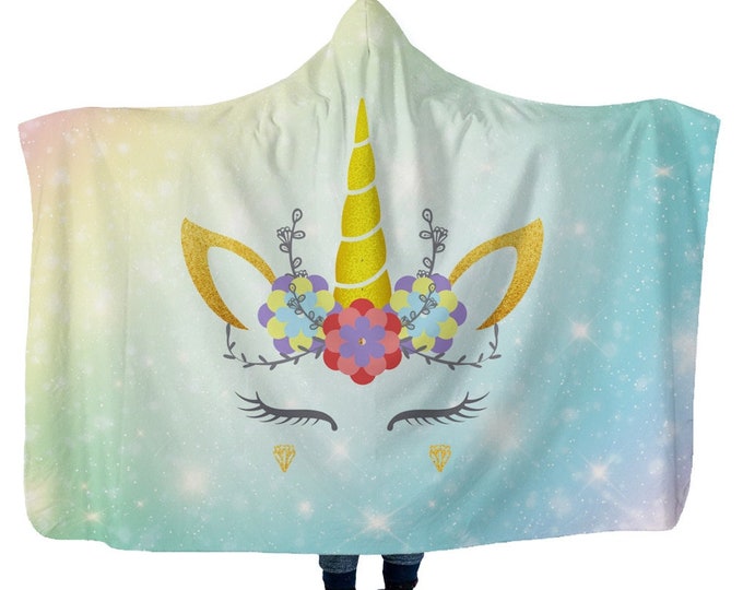 Hooded Blanket, Sherpa Fleece Lined, Stars Rainbow and Unicorn, Cloak, Style 2