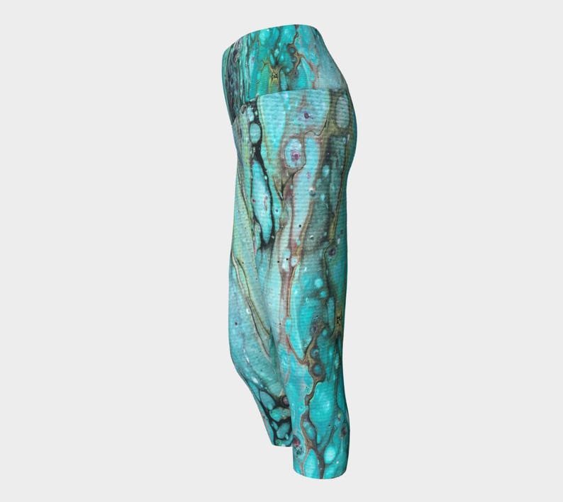 black Yoga pants Yoga Capri Leggings Morning Tide Pattern 852 white turquoise gray teal Wearable art