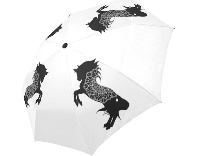 Automatic Open/Close Umbrella, Rearing Horse Mandala, Black and White