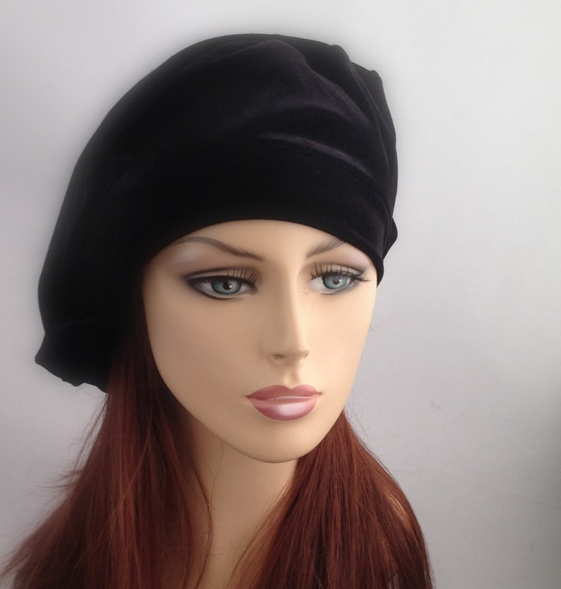 Oversize 13 inch Beret, Black Velvet Beret, Chemo Hat, French Beret, Large Beret, Slouchy Hat, Soft Hat, Unlined Beret image 3