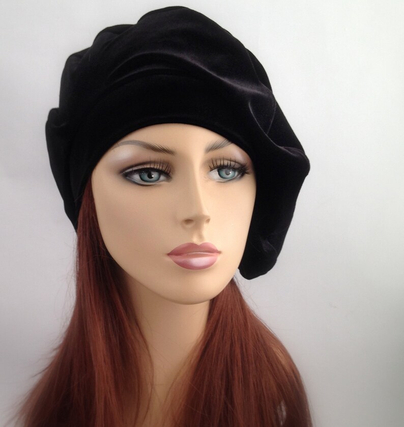 Oversize 13 inch Beret, Black Velvet Beret, Chemo Hat, French Beret, Large Beret, Slouchy Hat, Soft Hat, Unlined Beret image 2