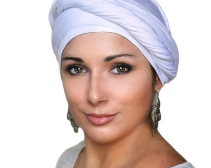 SALE SAVE 30 PERCENT White Turban, Head Wrap, Chemo Hat, One Piece Fitted, Jersey Knit Head Wrap