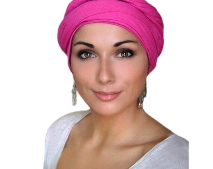 FINAL SALE Hot Pink Turban Dreads Wrap, Jersey Knit Head Wrap, Chemo Hat, One Piece Wrap, Fitted Turban