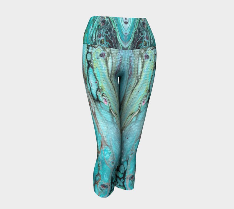 black Yoga pants Yoga Capri Leggings Morning Tide Pattern 852 white turquoise gray teal Wearable art