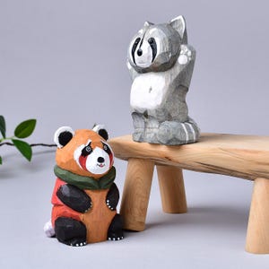 Hand Carved Wooden Raccoon Figurine: Natural Woodland Decor