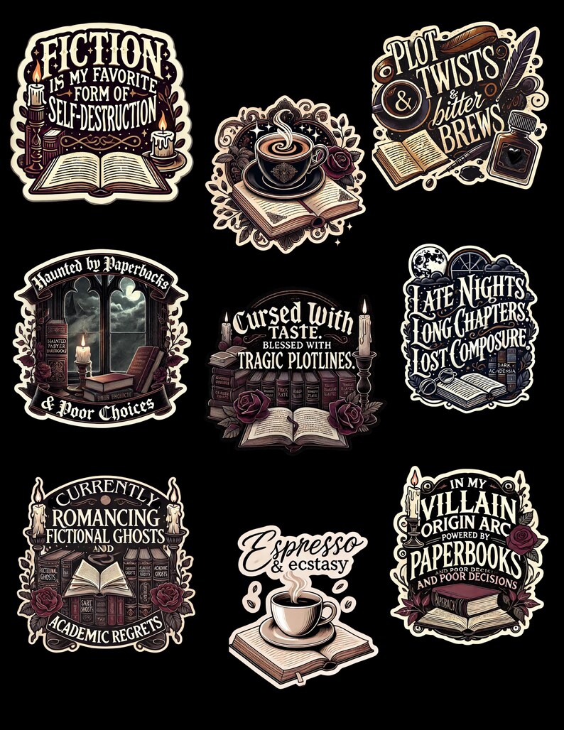 Op de afbeelding: Een verzameling van negen stickers op een zwarte achtergrond, elk met een uniek ontwerp gerelateerd aan boeken en lezen. De stickers bevatten teksten als "Fiction is my favorite form of self-destruction" en "Plot twists & bitter brews."