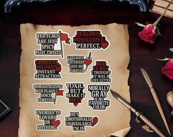 Digitaal stickervel Red Flags Volume 1 | Dark Romance-stickers| Digitale planners-dagboeken | Afdrukbare leesgrage stickerset voor pittige lezers