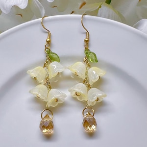 Floral Crystal Drop Earrings Lily of the Valley Fairy Flower Dangle Earrings Bell Wedding Earrings Bridal Jewelry Spring gift Birthday