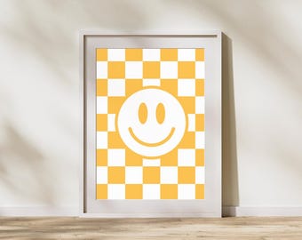 Yellow Checkerboard Smiley Face Print, Retro Nursery Decor (Digital Download)