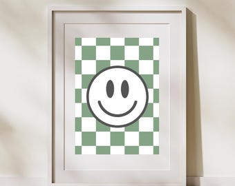 Sage Green Checkered Smiley Face Print, Boho Nursery Decor (Digital Download)