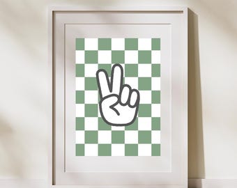 Green Checkered Peace Sign Print, Retro Nursery Decor (Digital Download)