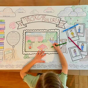 May include: A colorful poster for "The Boxcar Children" book, featuring illustrations and handwritten notes. The poster includes drawings of a boxcar, characters, and a dog, with text bubbles and a stack of books. A person is drawing on the poster with colored pencils.