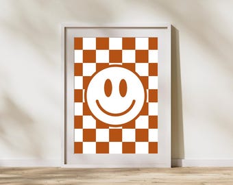 Rust Orange Checkerboard Smiley Face Print, Retro Nursery Decor (Digital Download)
