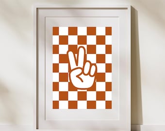 Rust Orange Checkered Peace Sign Print, Retro Nursery Decor (Digital Download)