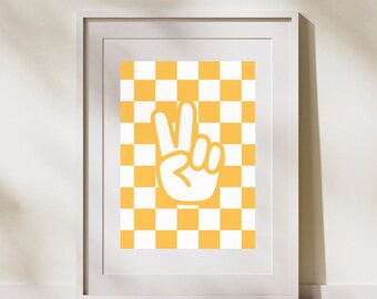 Yellow Checkered Peace Sign Print, Retro Boho Decor (Digital Download)