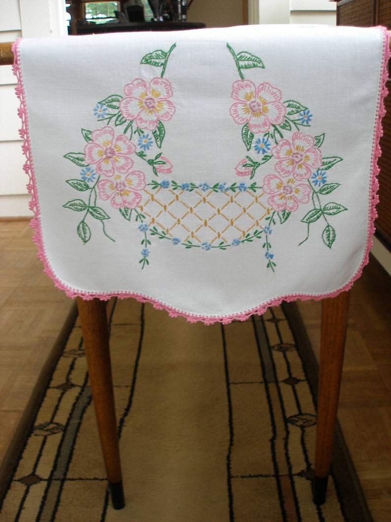 Vintage handembroidered table runner pink flowers with Etsy