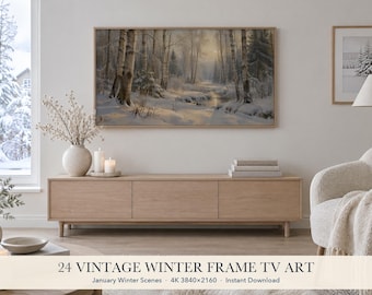 Winter Frame TV Art Set of 24, Vintage Snowy Landscape Oil Painting for Samsung Frame TV, January TV Art, 4K Winter Decor Digital Download