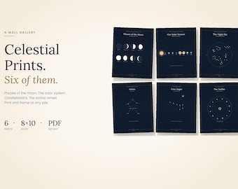 Celestial muurkunst set van 6 prints | Maanfasen sterrenbeeld dierenriem | Afdrukbare astronomieprint | Heksendecor | Galerijmuur