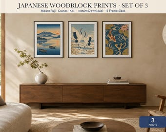 Japanese Woodblock Print Set of 3, Mount Fuji Koi Crane Wall Art, Japandi Living Room Decor, Ukiyo-e Style Printable, Digital Download