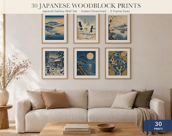 Japanese Woodblock Print Set of 30, Japandi Wall Art, Ukiyo-e Style Gallery Wall, Vintage Style Japanese Landscape, Printable Download