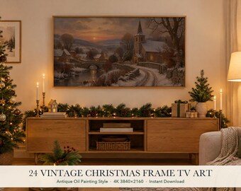 Christmas Frame TV Art Set of 24, Vintage Oil Painting for Samsung Frame TV, Winter Village TV Art, 4K Holiday Art Digital Download